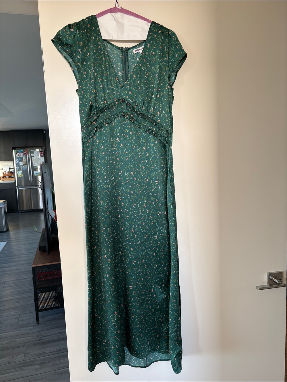 Reformation Kaye silk v neck midi dress with cap sleeves